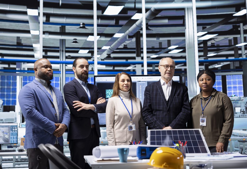 Businesspeople collaborate on strategic investments in solar energy. Photovoltaics factory management team and investor standing together in facility with manufacturing equipment after finishing deal